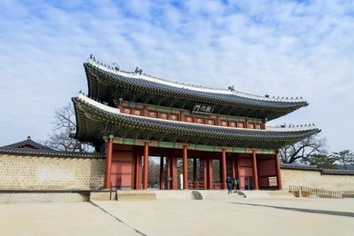 beautiful traditional korean architecture, the main gate at changdeokgung palace in seoul city, republic of korea