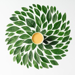 coffee or tea cup on green leaves background flat lay.