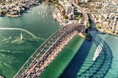 sydney harbour bridge. aerial view from helicopter on a beautiful day.
