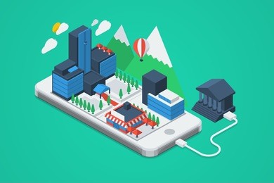 vector illustration with city on phone