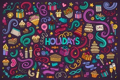 colorful vector hand drawn doodle cartoon set of holidays objects and symbols
