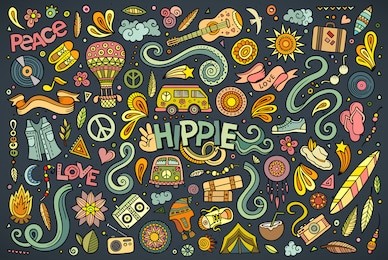 colorful vector hand drawn doodle cartoon set of hippie objects and symbols