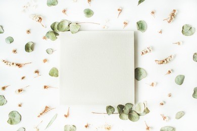white wedding or family photo album, dry and fresh branches isolated on white background. flat lay, overhead view