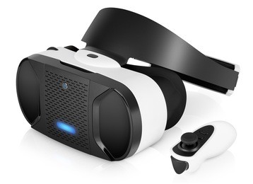 vr virtual reality headset half turned with game controller isolated on white background. vr is the future of gaming that gives players a new awesome experience.