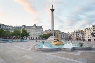 empty trafalgar square, early morning and natural light in london, nobody