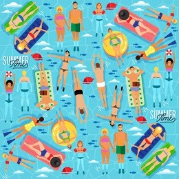 people actively relax, swim in the sea. summer sea vacation illustration. vector seamless pattern.