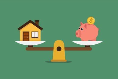 piggy bank and house on scales. illustration in vectors.