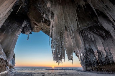view from the ice grotto at sunrise, lake baikal