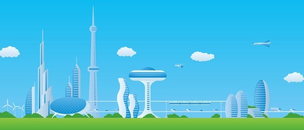 modern cityscape panorama view, futuristic buildings and transportation, design template, vector illustration