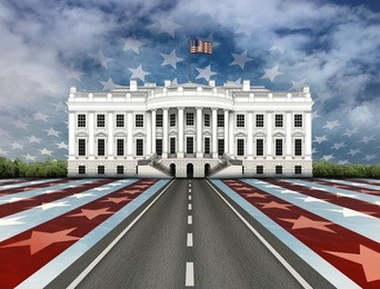 digital illustration of the white house, a road leading to it, overlayed with stars and stripes.