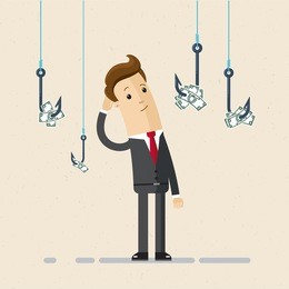 a businessman or manager selects one of  fishing hooks with money. selection of jobs, careers, strategy. flat, vector,  illustration.