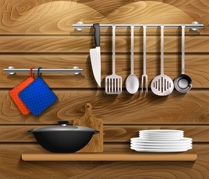 kitchen tools with kitchenware. shelf on a wooden wall with utensils, wooden board and pan. vector