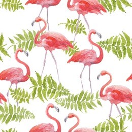 seamless watercolor pattern with flamingo and fern