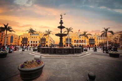 panoramic view of lima main square and cathedral church.