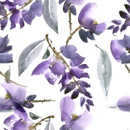 watercolor and ink illustration of violet  flowers in style sumi-e, u-sin, gohua. oriental traditional painting.  seamless pattern.