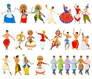 vector design of men performing classical and folk dance of india