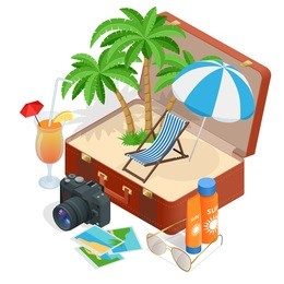 summer vacation. passenger airplane. luxury vacation. our travel destinations banner. isometric elements for design. palm, trunk, glass of juice, camera, photos, sunscreen, sun glasses, beach chair.