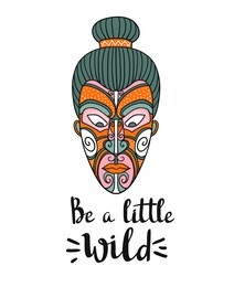 maori mask. vector print design. stylish card with boho lettering. tribal pattern. 