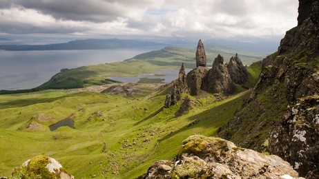 the fairytale landscape of the trotternish peninsula on the isle of skye in the highlands of scotland, with the landslip stacks of the old man of storr.