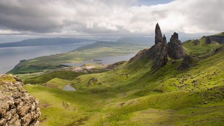 the fairytale landscape of the trotternish peninsula on the isle of skye in the highlands of scotland, with the landslip stacks of the old man of storr.
