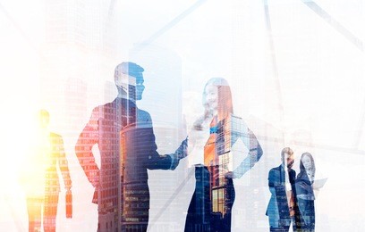 transparent businesspeople silhouettes on moscow city background. double exposure