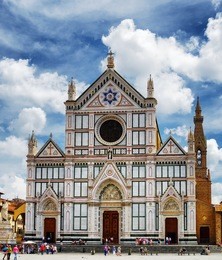 facade of the basilica di santa croce (basilica of the holy cross) on square of the same name in florence, tuscany, italy. florence is a popular tourist destination of europe.