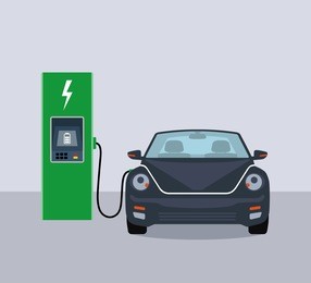 electric car and electric charging station. flat vector illustration. 