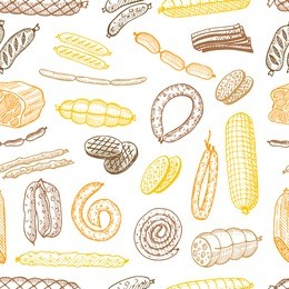 seamless pattern with sausages. hand drawn vector illustrations. freehand food icons for restaurant menu or food package design.