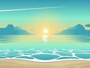 summer background, vector illustration of the evening beach at sunset with waves, clouds and a plane flying in the sky, seaside view poster