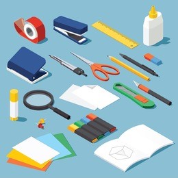 isometric office stationery set. collection includes adhesive tape, stapler, ruler, tube glue, hole puncher, dividers, scissors, pen, eraser, knife, magnifier, open book, paper, marker. stock vector.