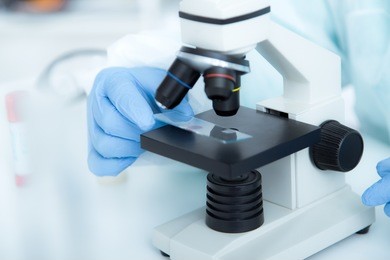 woman in a laboratory microscope with microscope slide in hand.toned image.