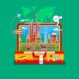 concept of travel to spain or studying spanish. spanish flag with landmarks in open suitcase. flat design, vector illustration.