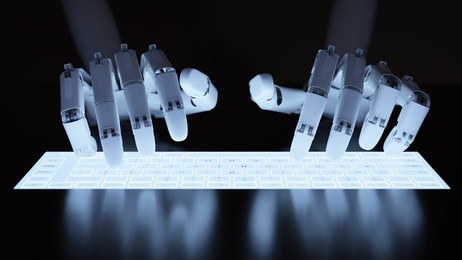 robot typing on conceptual self-illuminated keyboard 3d illustration