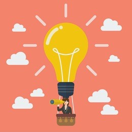 business woman in lightbulb balloon search to success. business idea concept