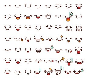  collection of cute lovely emoticon emoji doodle cartoon face , smile , happy , sad , shock , bored , sick , vomit , scream , joy , cry   in childlike manga cartoon style - vector file eps10 
