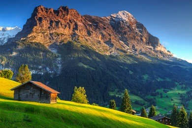 spectacular swiss alpine landscape with green fields and famous eiger peak,bernese oberland,switzerland,europe