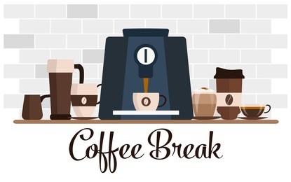 coffee break flat design. cup set. coffee machine, shelf