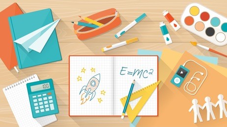 creative young student desktop with notebook, books and colors, education, learning and childhood concept