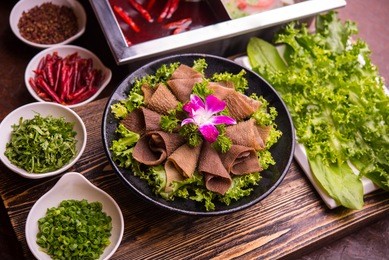 raw tripe with vegetables ready to be cooked,sichuan hot pot dishes