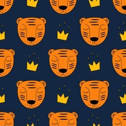 baby tiger with gold crown seamless pattern on dark blue background. child drawing style wild animal background. tiger illustration. cute design for print on baby's clothes.