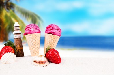 frozen ice-cream. strawberry ice creams in cone with tropical beach background. summer concept
