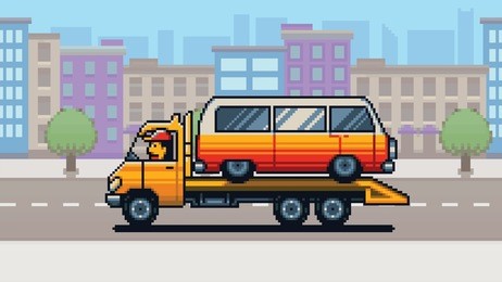 tow truck and city background pixel art game style layer vector illustration