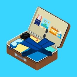 vector illustration. open suitcase with things. mask, flippers, a passport, a plane ticket, sunscreen, camera. isometric, infographic