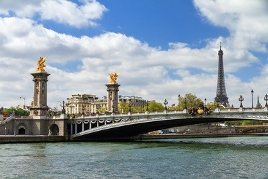 beautiful spring view of the pont alexandre iii over the river seine with the eiffel tower in the background in paris, france