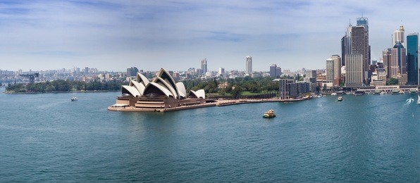 sydney harbour opera house and downtown panoramic view from bridge