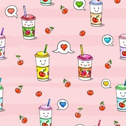 kawaii food on pink background. animation characters drawing. seamless pattern