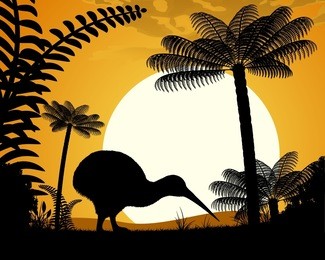 kiwi bird at sunset. kiwi bird on a background of tree ferns. vector illustration.

