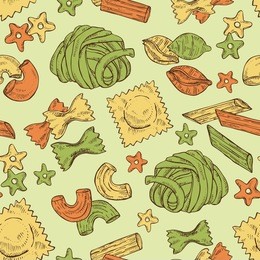 seamless with different types of pasta. hand drawn