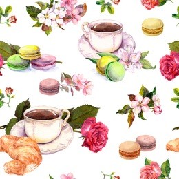 tea  or coffee pattern with flowers, croissant,  tea cups and macaroon cakes. french style watercolor. seamless background