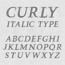 vintage patterned letters. curly italic type font in floral baroque style. vintage latin alphabet. black italic type capital letters on a gray textured background.